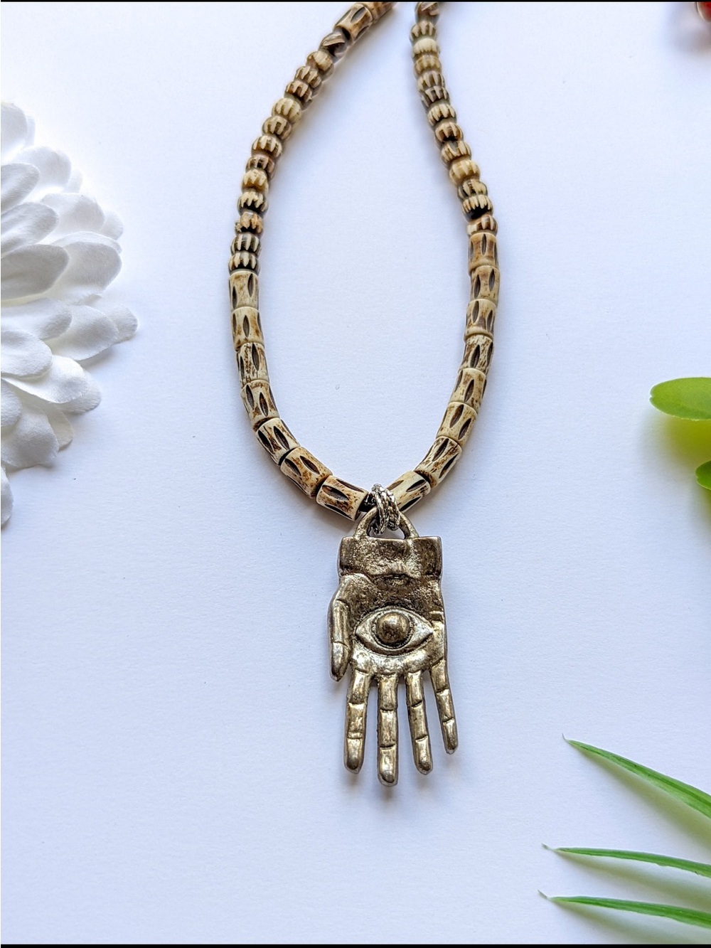 Silver Hamsa Pendant Necklace, Boho, Tribal, Hippie, Ethnic, Witchy